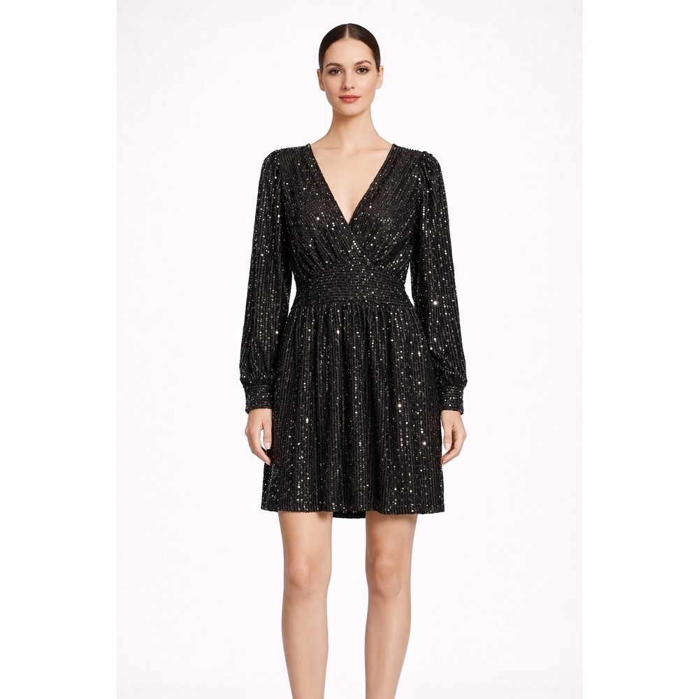 MICHAEL Michael Kors Black Sequin V Neck Long Sleeve Smocked Waist ‎ Dress M